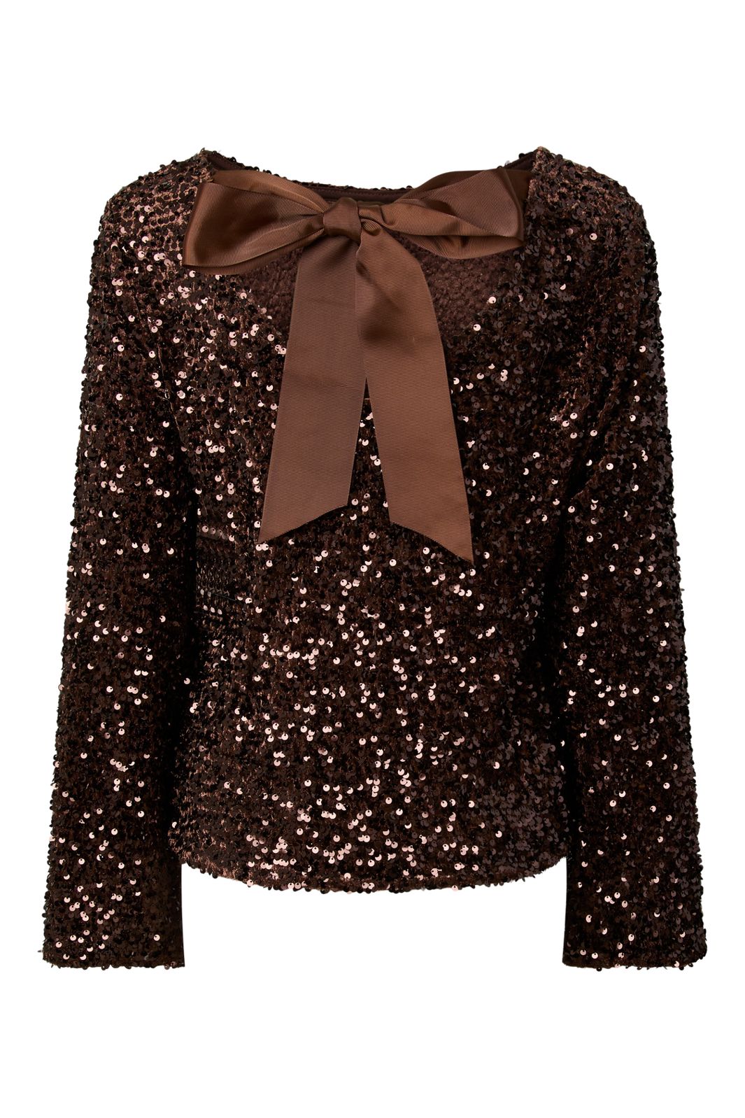 Pieces - Pckammy Ls Deep Back Bow Top - 5121566 Chicory Coffee Brown Sequins