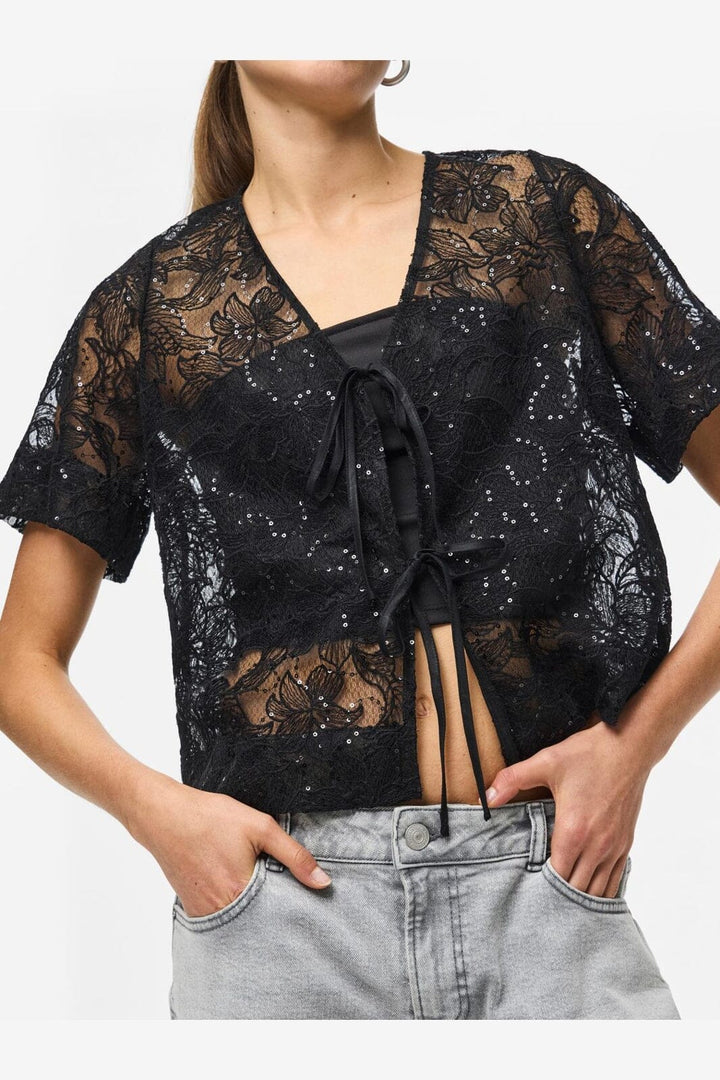 Pieces - Pclouise 2/4 V-Neck Tie Top - 5042915 Black