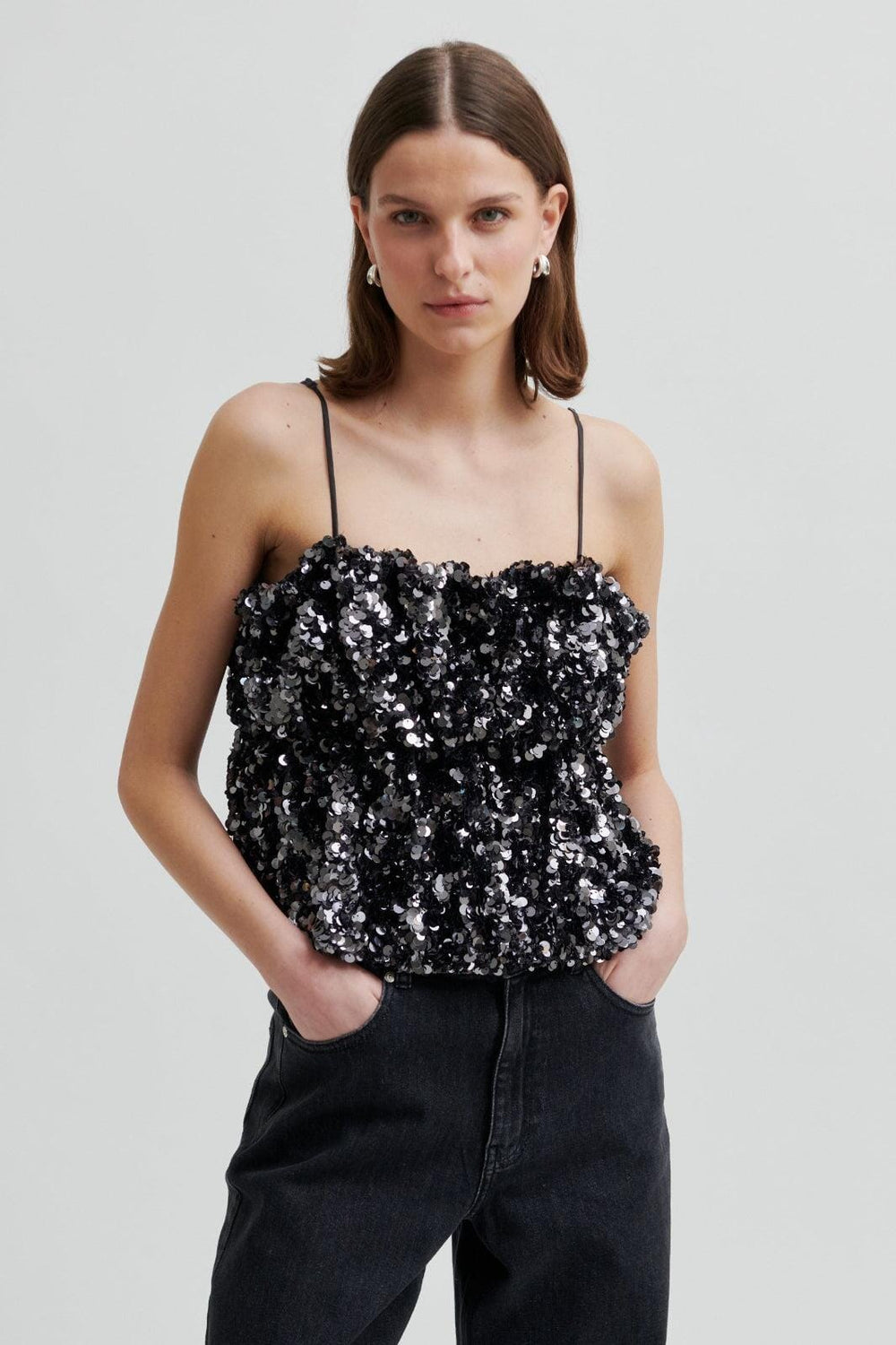 Second Female - Shiny Strap Top 60229 - 7049 Gungrey Metal Toppe 