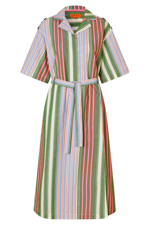 Stine Goya - 2363 Striped Cotton, Workwear Midi Dresssg-pf25-d091-2363 - Forest Stripe
