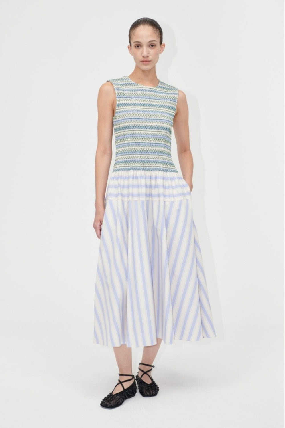 Stine Goya - 2367 Smocked Cotton, Smocked Gathered Tank Dresssg-pf25-d126-2367 - Pastel Stripes