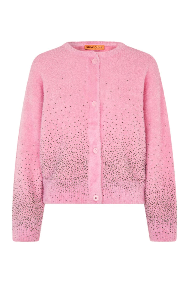 Stine Goya - 2384 Beaded Fluffy Knit, Crewneck Cardigansg-pf25-k037-2384 - Rose Blossom