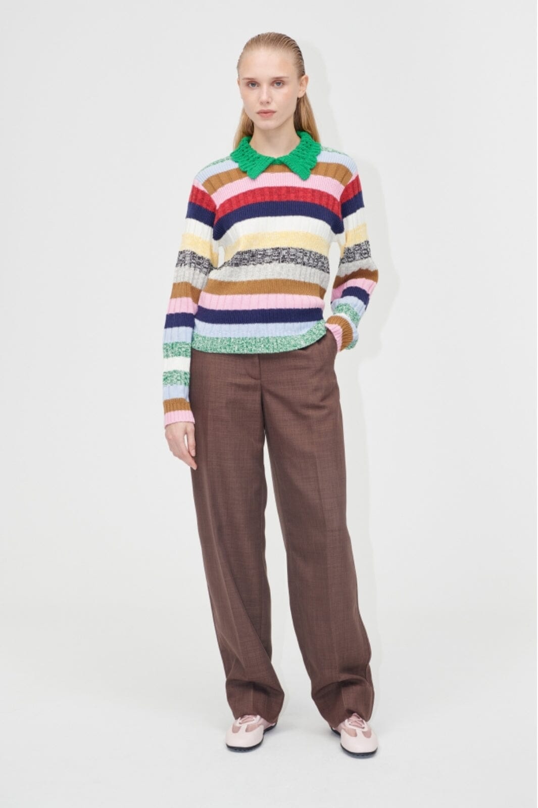 Stine Goya - 2386 Cotton Mix / Crochet Cotton, Mix Stripe Polo Collar Sweatersg-pf25-k033-2386 - Stripes Mix