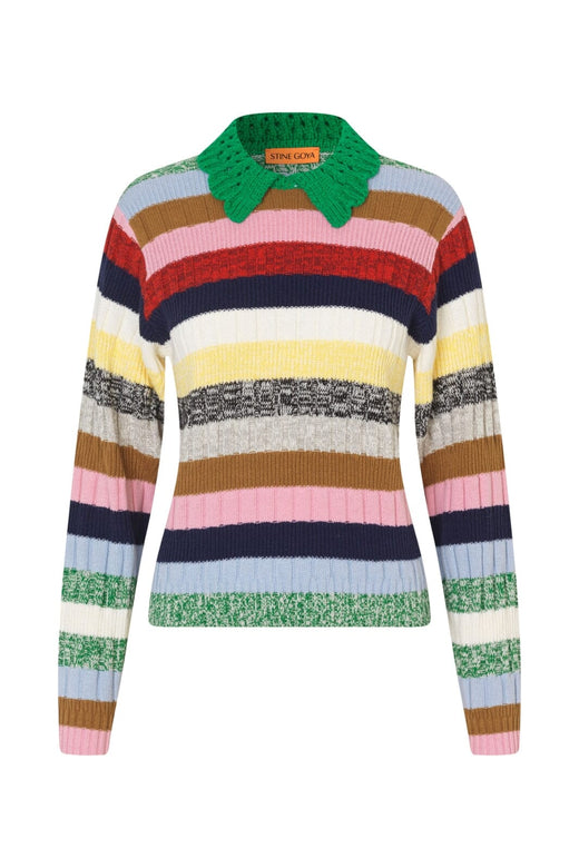Stine Goya - 2386 Cotton Mix / Crochet Cotton, Mix Stripe Polo Collar Sweatersg-pf25-k033-2386 - Stripes Mix