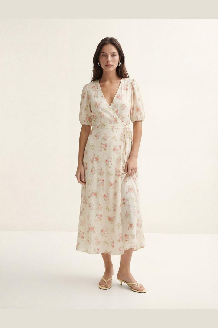 Vero Moda - Vmbella 2/4 V-Neck Wrap 7/8 Dress - 5037521 Birch Pink Bella Flower