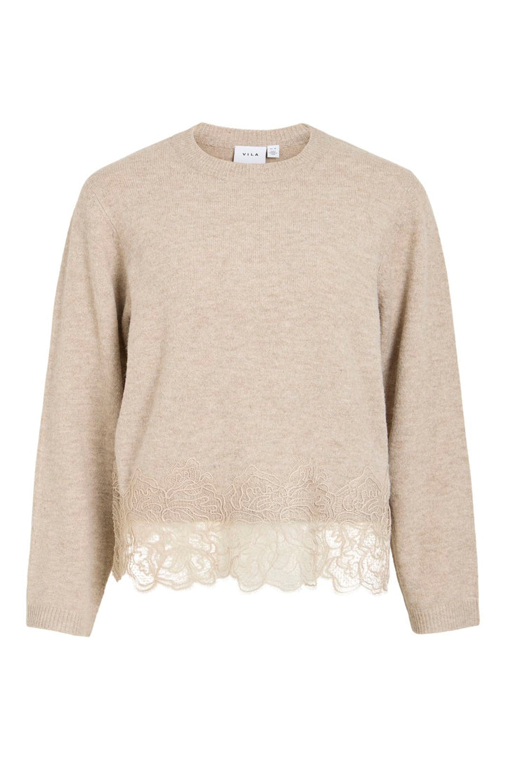 Vila - Viamora L/S O-Neck Lace Knit Top/Rn - 5127242 Natural Melange Dtm Lace