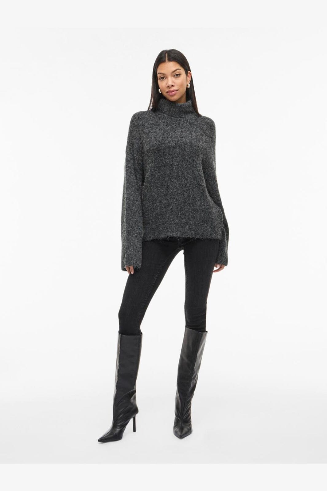 Vila - Vimarley L/S Roll Neck Knit Pullover - 4971920 Dark Grey Melange