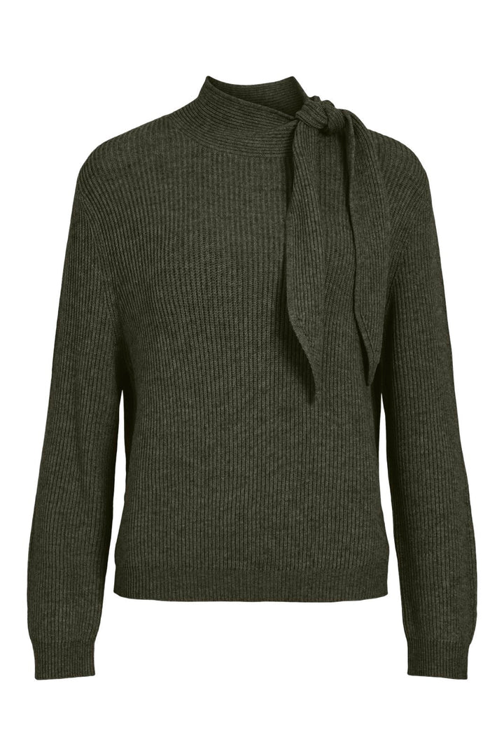 Vila - Viril Highneck L/S Tie Detail Knit-Noos - 5212698 Forest Night Dark Melange